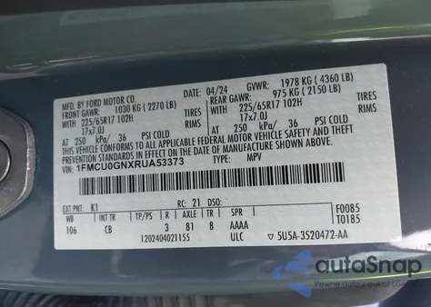 2024 Ford Escape Active из США, поврежденный, VIN 1FMCU0GNXRUA53373